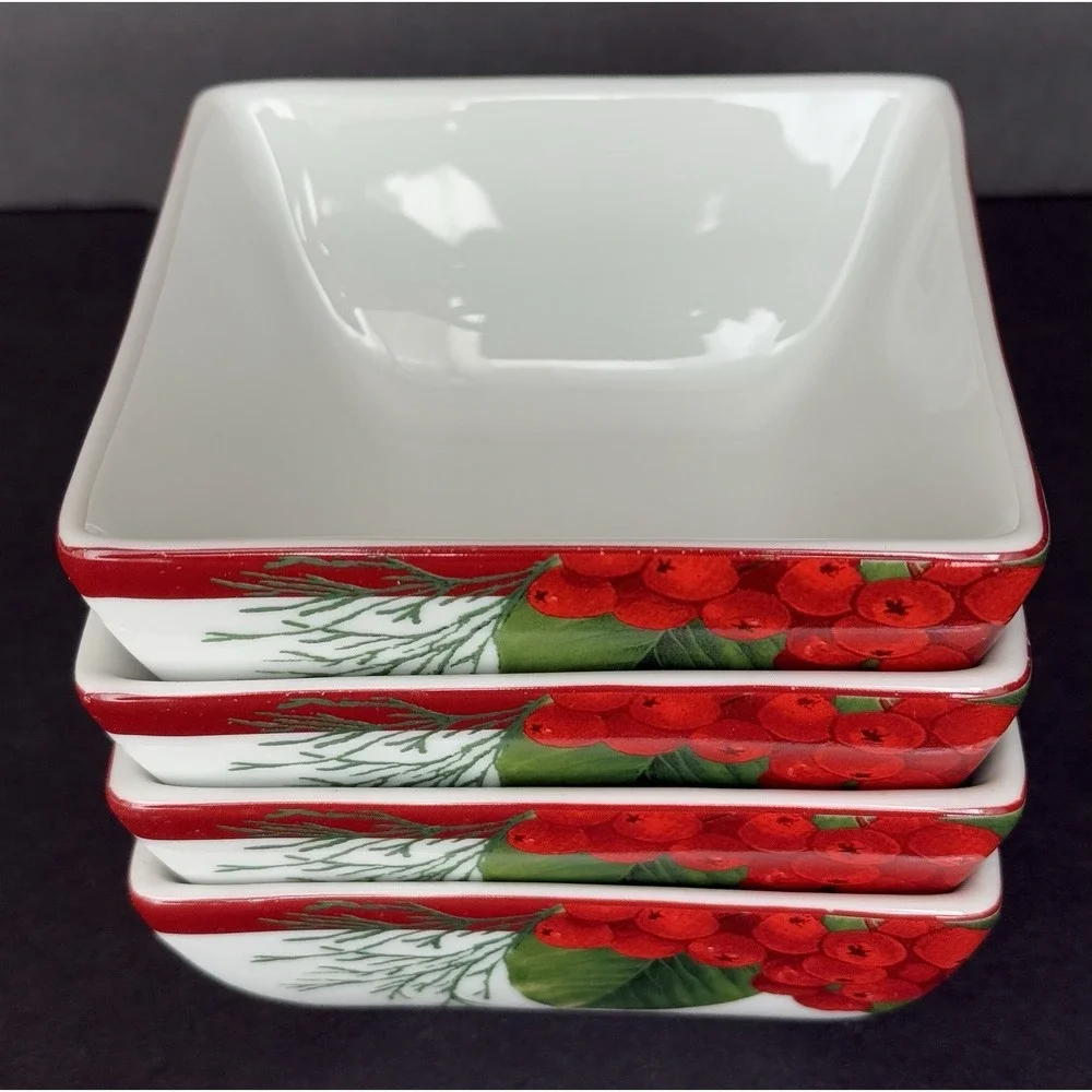 Charter Club GRAND BUFFET Red Berry - Set of 4 Porcelain Square Berry Bowls -EUC